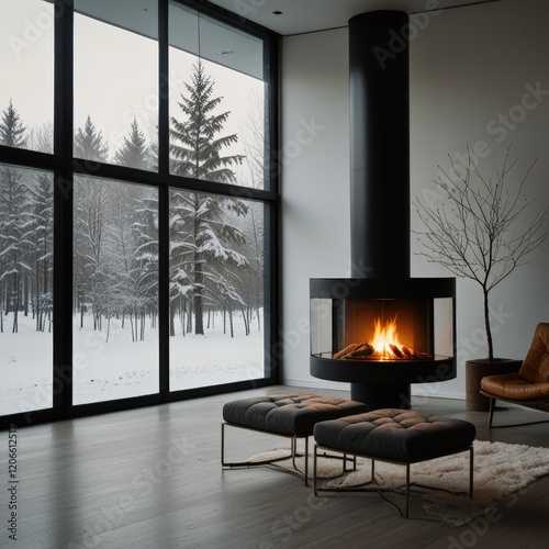 Fireplace in modern minimalist white interior with a view of snowy Scandinavian nature