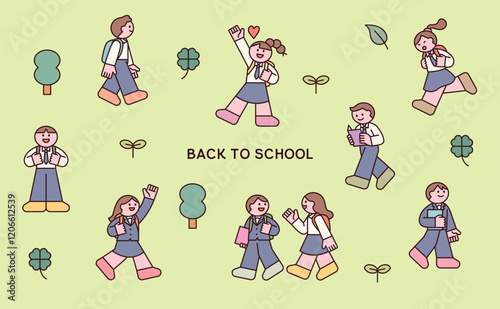 Back to School Seamless Pattern with Happy Students and Nature Elements. many students characters.