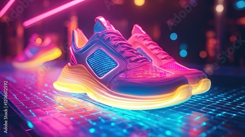 A pair of neon-colored sneakers on a glowing platform, blending fashion with futuristic design