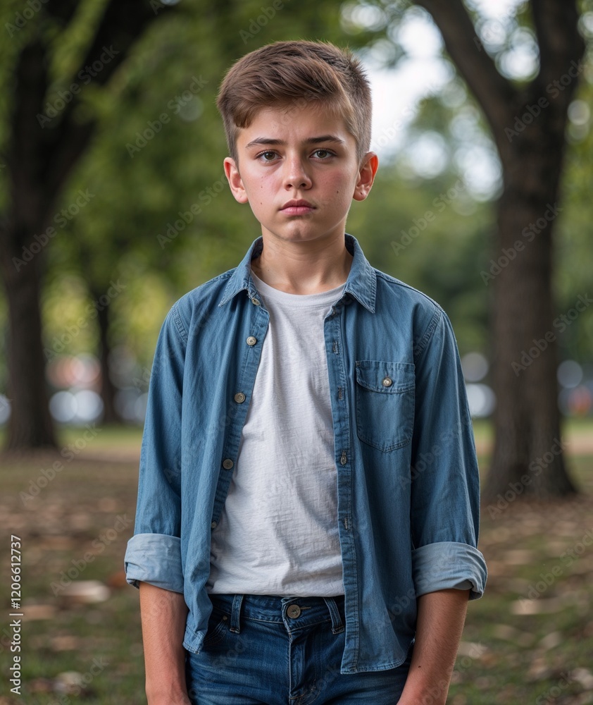 Teen boy of Czech nationality in casual shirt and jeans with serious expression portrait photo park background Teen boy of Czech nationality in casual shirt and jeans with serious expression portrait photo park background