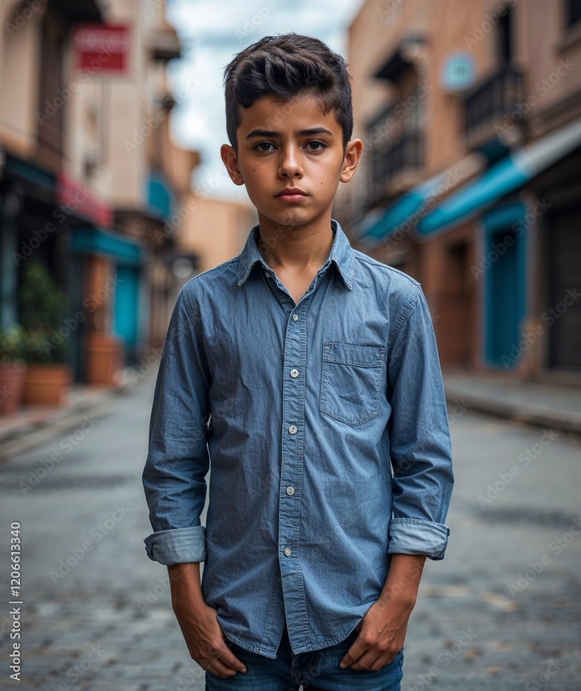Fototapeta premium Teen boy of Moroccan nationality in casual shirt and jeans with serious expression portrait photo urban street background