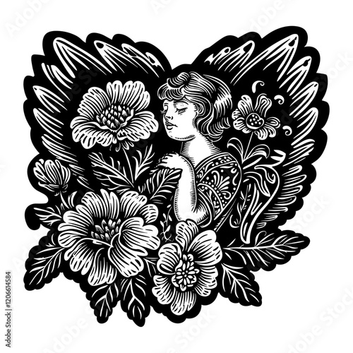 Angel shape and flowers illustration pattern vintage vector