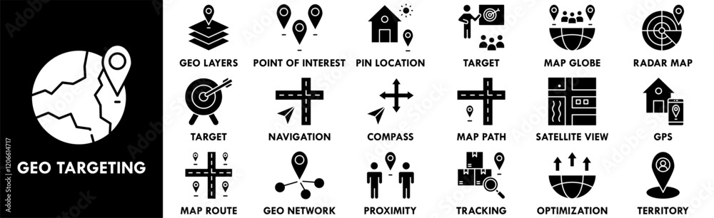 Geo Targeting icon collection set. Containing design target, map, location, navigation, gps, geo Geo Targeting icon collection set. Containing design target, map, location, navigation, gps, geo