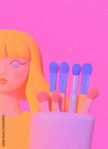 An illustration of a girls face with make up brushes in pastel glowing colors.. Generative AI