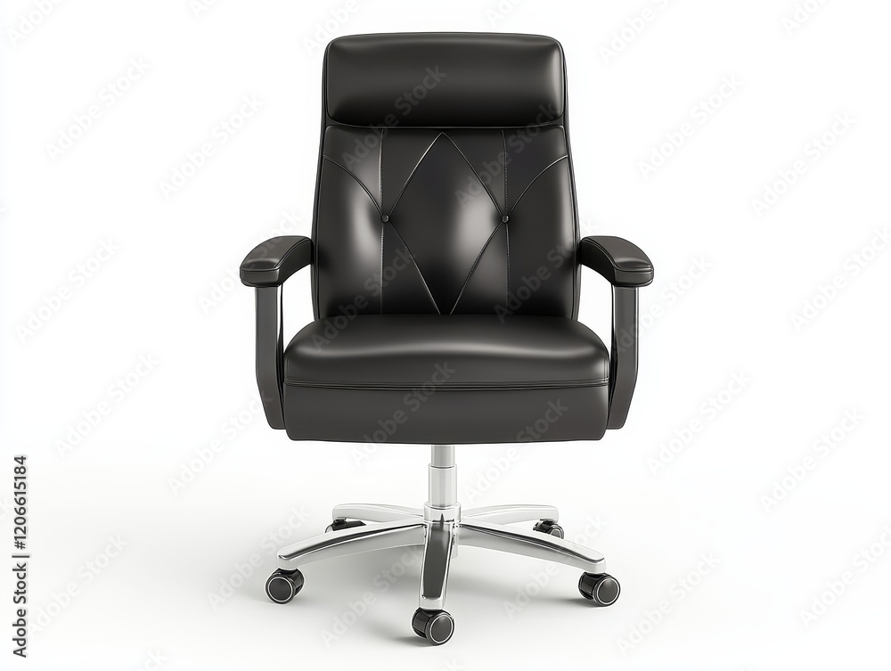 Black leather executive office chair with chrome base and wheels. Black leather executive office chair with chrome base and wheels.