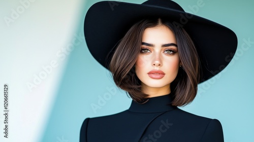 Young woman in a black wide-brim hat posing against a soft-colored background in a stylish outfit during daylight