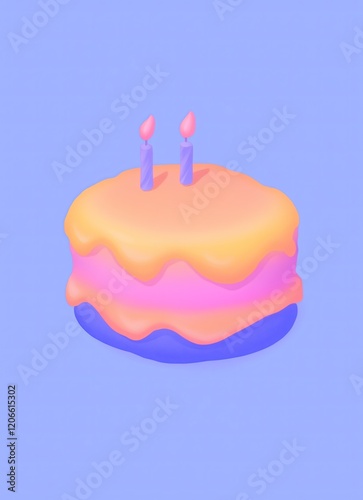 An illustration of a birthday cake with candles in pastel glowing colors.. Generative AI