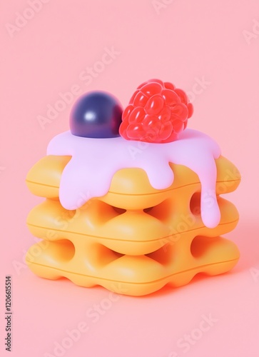 An illustration of a waffle dessert cake with cream and berries in pastel glowing colors.. Generative AI