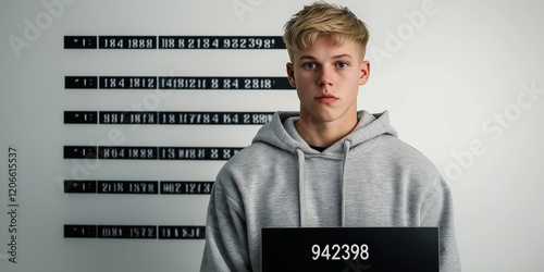 Young man posing for mugshot during police photo lineup