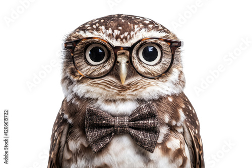 Owl wearing glasses and bow tie isolated on white or transparent PNG photo