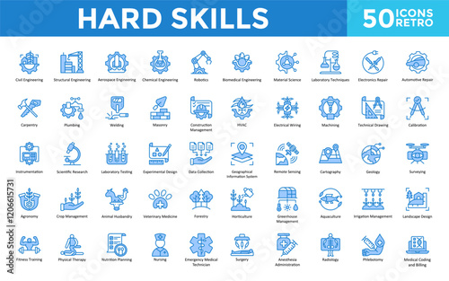 Hard Skills icon set with aerospace engineering, chemical engineering, robotics, biomedical engineering, material science, laboratory techniques, electronics repair icon. Simple retro vector 
