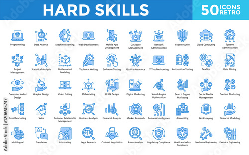 Hard Skills icon set with programming, data analysis, machine learning, web, mobile app, database management, network administration, cybersecurity, cloud computing icon. Simple retro vector 
