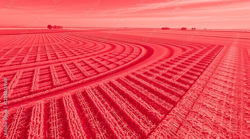 Red farmland with curved and grid patterns. Red farmland with curved and grid patterns.