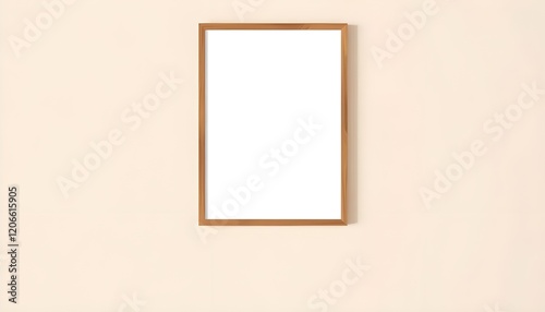 Blank wooden picture frame hanging on beige wall. Empty poster mockup for art display. Minimal interior design,wall,room,space