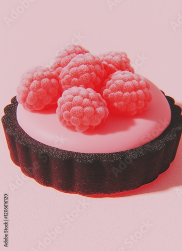 An illustration of a raspberry fruit cake on a plate in pastel glowing colors.. Generative AI