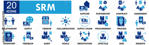 Supplier Relationship Management icon collection set. Containing design management, business, srm, strategy