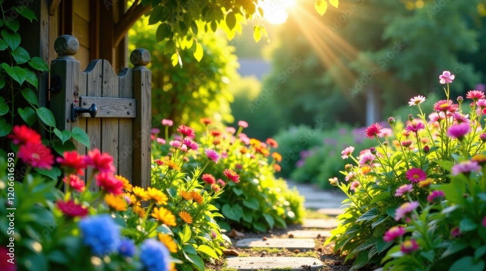 Fototapeta premium Serene Garden Path with Wooden Gate and Blooming Flowers at Golden Hour