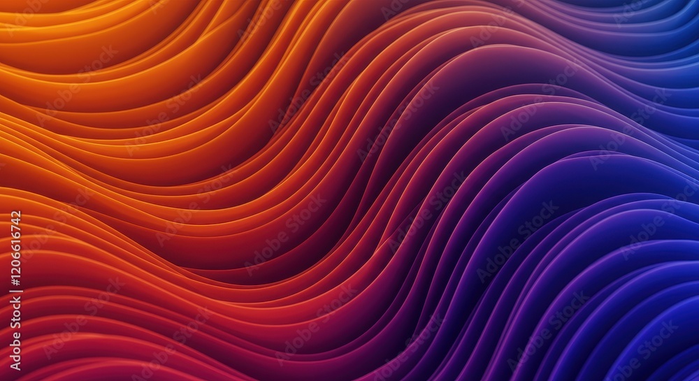 Fototapeta premium An abstract composition of undulating ribbon-like waves in vibrant hues of orange, purple and blue