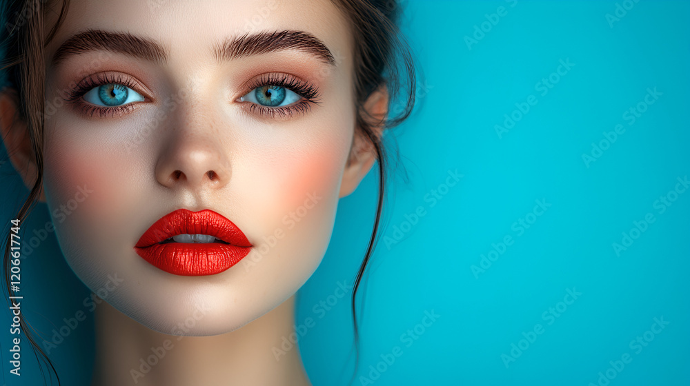 a women face with bold make up isolated on blue background ai 
