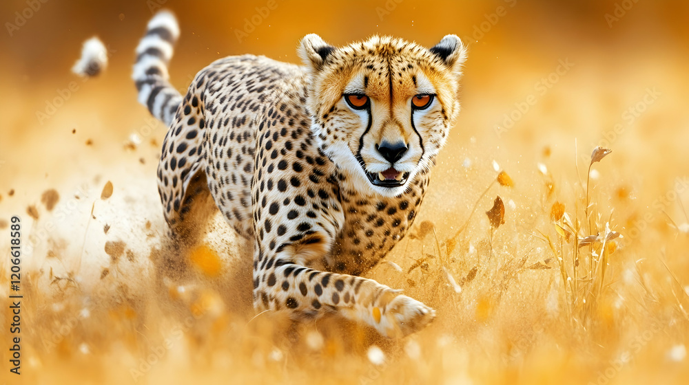 Majestic cheetah running through golden savanna grass, intense gaze, powerful legs, wildlife photography.