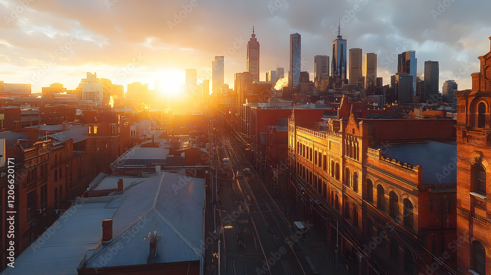 Fototapeta premium Stunning cityscape sunrise, golden hour light bathes brick buildings and skyscrapers. Urban landscape photography.