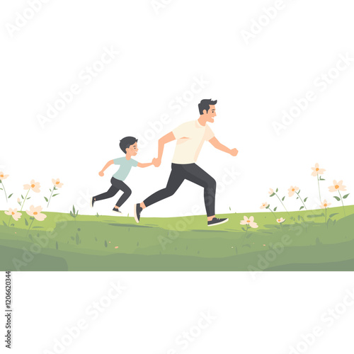 Dad and son running flowers grass green vector