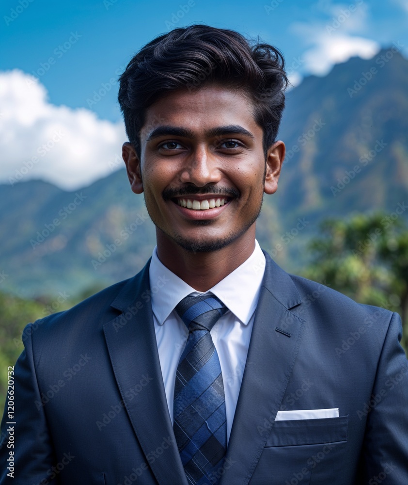 Young man of Sri Lankan nationality in formal suit with smiling portrait photo mountain background Young man of Sri Lankan nationality in formal suit with smiling portrait photo mountain background