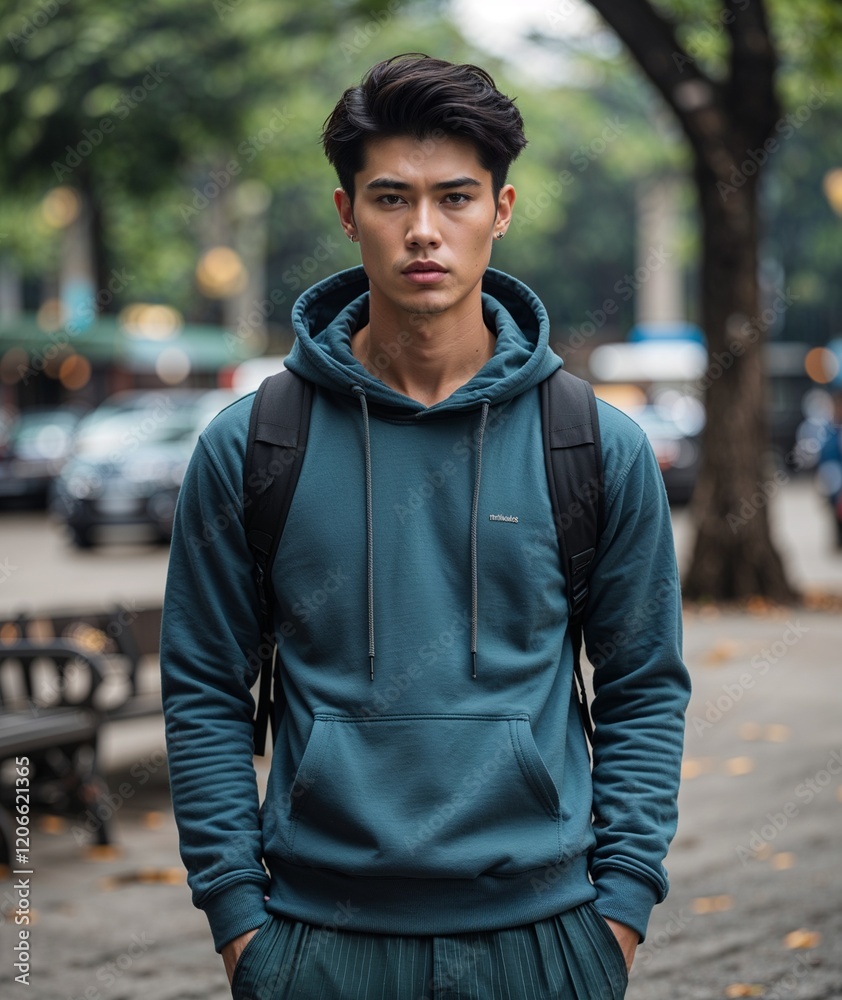 Fototapeta premium Young man of Vietnamese nationality in hoodie and trousers with serious expression portrait photo mountain background