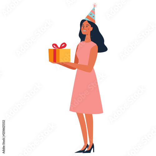 Woman holding gift box hat illustration smiling vector