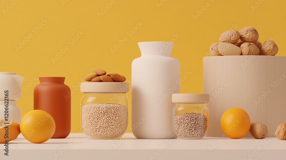 A colorful arrangement of containers filled with nuts and grains on a bright yellow background, creating a warm and inviting kitchen aesthetic. A colorful arrangement of containers filled with nuts and grains on a bright yellow background, creating a warm and inviting kitchen aesthetic.