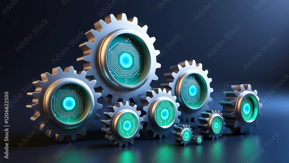 Glowing Metallic Gears with Circuit Patterns on a Dark Gradient Background
Glowing Metallic Gears with Circuit Patterns on a Dark Gradient Background