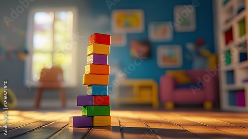 Vibrant Block Tower Teetering in a Colorful Room with Natural Light