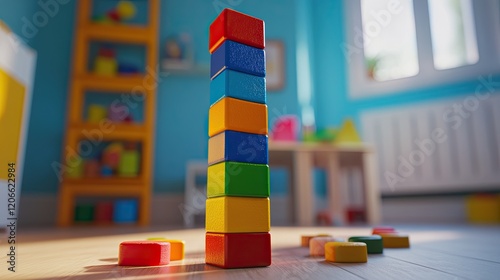 Vibrant Wooden Blocks Tower Teetering in Playful Room Setting