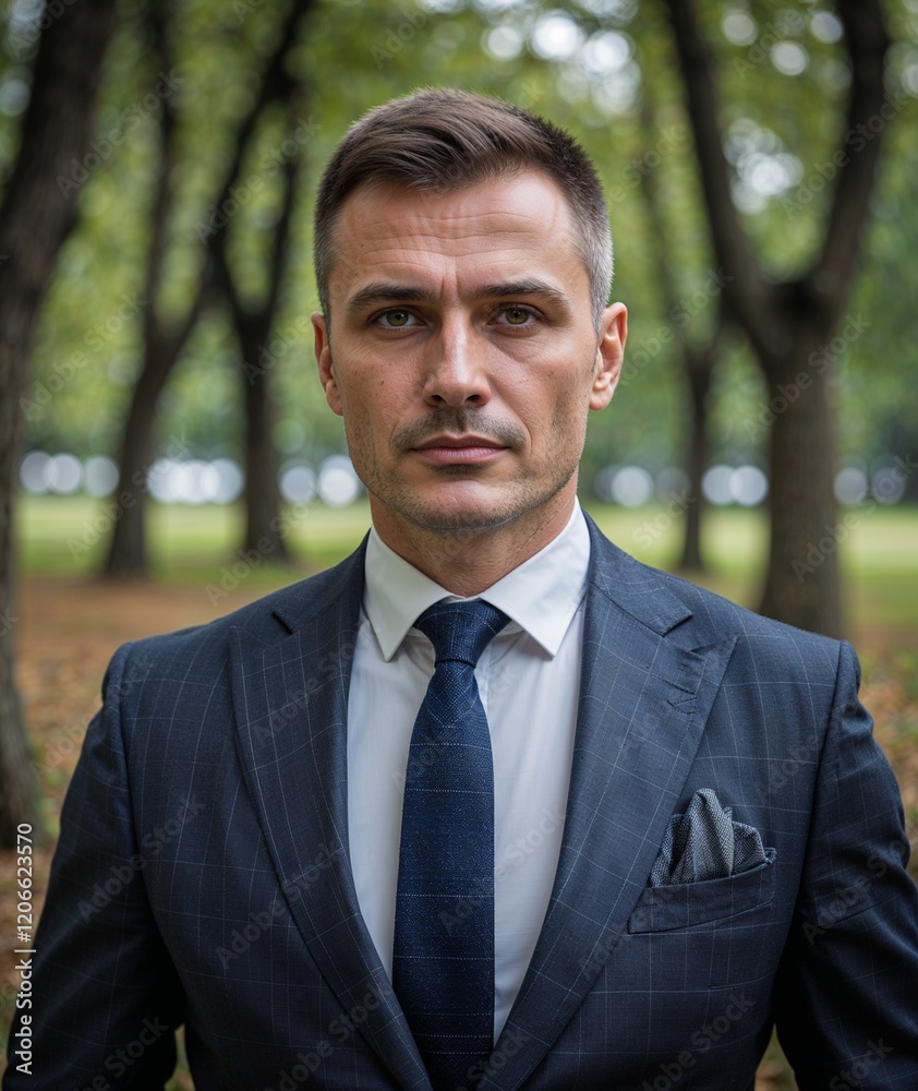 Adult man of Bulgarian nationality in formal suit with relaxed pose portrait photo park background Adult man of Bulgarian nationality in formal suit with relaxed pose portrait photo park background