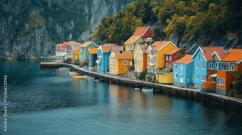 Fototapeta premium Vibrant Coastal Village Nestled Amongst Majestic Mountains