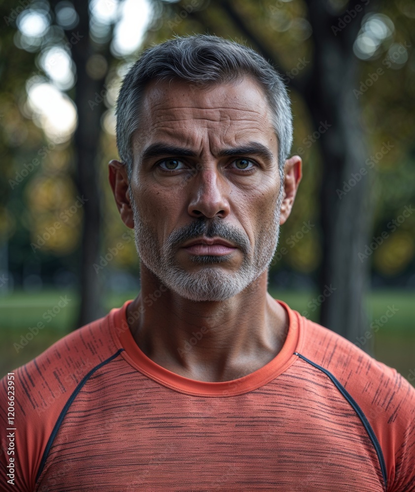 Fototapeta premium Adult man of Greek nationality in sportswear with serious expression portrait photo park background