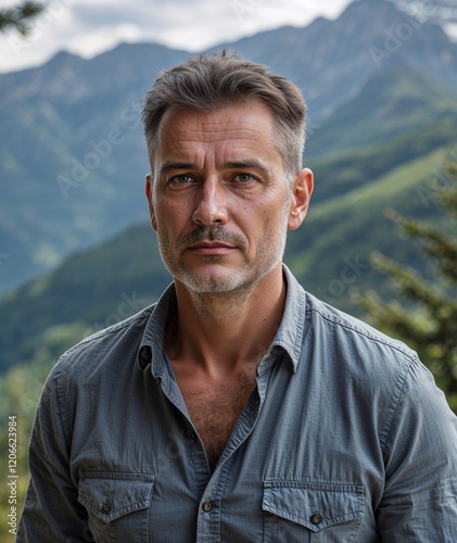 Adult man of Hungarian nationality in casual shirt and jeans with neutral expression portrait photo mountain background