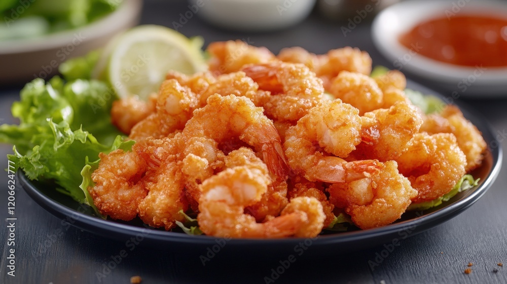Shrimp nugget with vegetable on a black plate Shrimp nugget with vegetable on a black plate