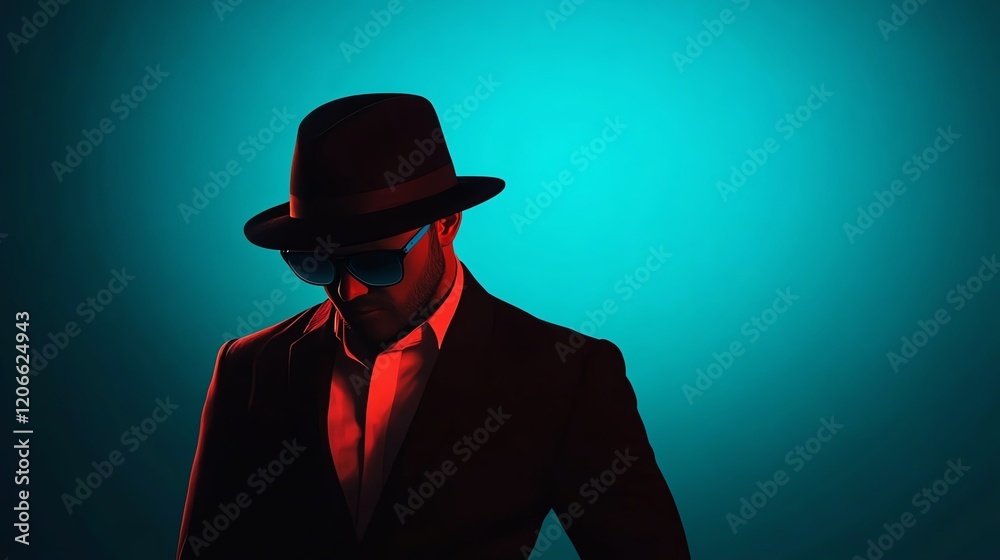 A stylish figure in a fedora and sunglasses stands against a vibrant blue and red background, exuding mystery and sophistication. A stylish figure in a fedora and sunglasses stands against a vibrant blue and red background, exuding mystery and sophistication.