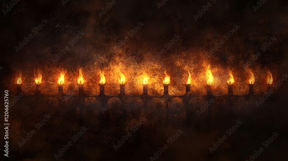 Fototapeta premium Flaming Candles In A Dark Menorah Setting