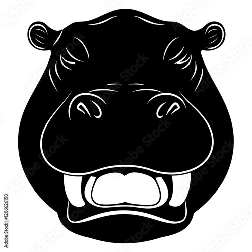 Hippo yawning face linear illustration wildlife animal vector