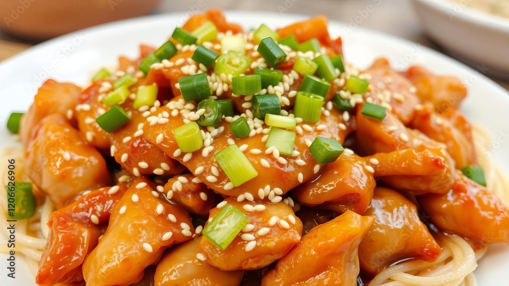 Close up of General Tso's chicken dish with a spicy, sweet and savory sauce, garnished with sesame seeds and green onions, delicious, sesame seeds, dish Close up of General Tso's chicken dish with a spicy, sweet and savory sauce, garnished with sesame seeds and green onions, delicious, sesame seeds, dish
