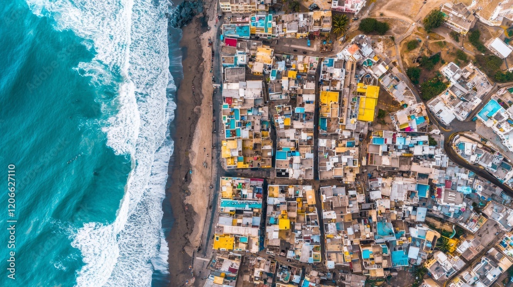 Aerial View of Vibrant Coastal Community with Colorful Rooftops Overlooking Waves and Sandy Beach in a Picturesque Coastal Landscape Aerial View of Vibrant Coastal Community with Colorful Rooftops Overlooking Waves and Sandy Beach in a Picturesque Coastal Landscape