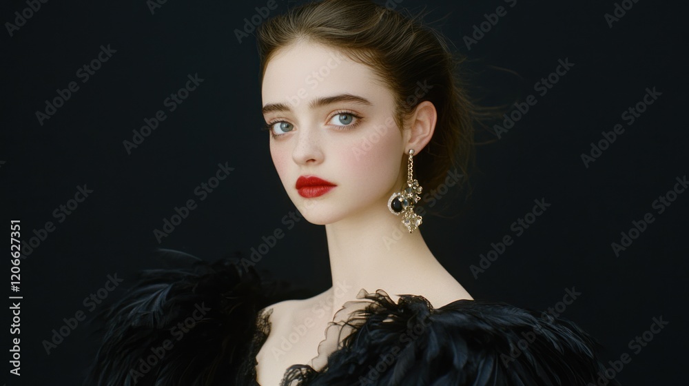 Fototapeta premium Elegant woman, dark dress, studio portrait, feather detail, black background