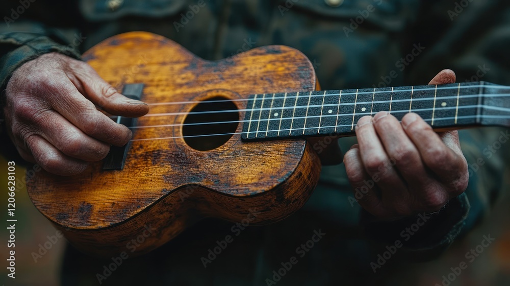 Fototapeta premium Close-up of Hands Skillfully Playing a Rustic Ukulele in Nature