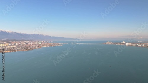 冬の琵琶湖　南湖　琵琶湖大橋　ドローン空撮