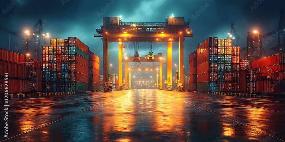 Obraz premium Night cargo port, containers, rain.
