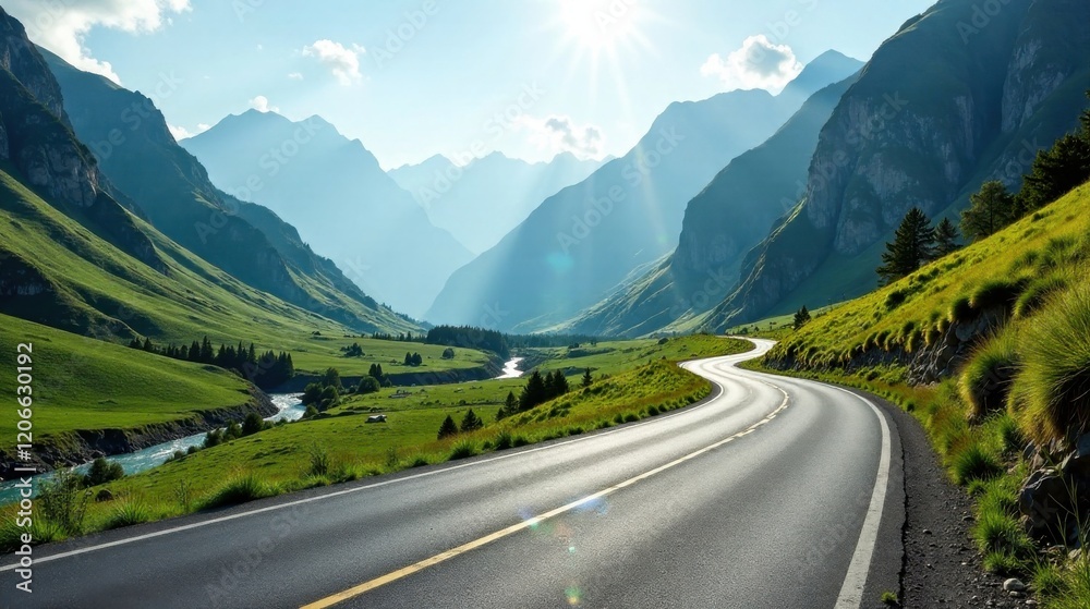 Fototapeta premium Asphalt ribbon winds through a sun-drenched valley, nestled amidst majestic mountains and vibrant green meadows, a scenic roadway journey awaits