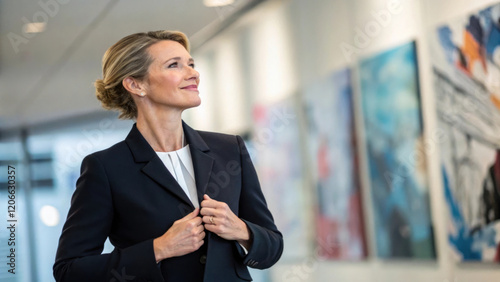 Free Download confident woman in suit stands in art gallery, smiling and looking up, exuding professionalism and poise - GFXLoad