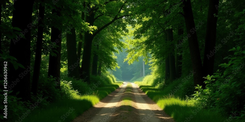 Naklejka premium Sunlit Path Through a Verdant Canopy of Trees, Leading to a Serene and Peaceful Destination